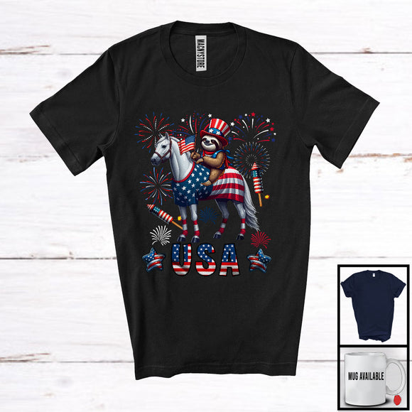 MacnyStore - USA, Awesome 4th Of July Sloth Riding Horse, American Flag Fireworks Sloth Animal Lover T-Shirt
