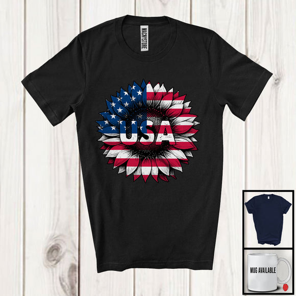 MacnyStore - USA, Proud 4th Of July American Flag Sunflower Vintage, Floral Independence Day Patriotic T-Shirt