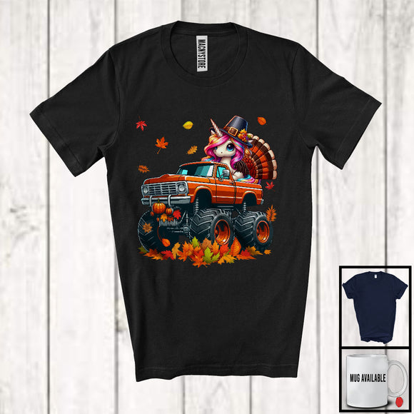 MacnyStore - Unicorn Turkey On Monster Truck; Humorous Thanksgiving Autumn Fall Leaves; Family T-Shirt