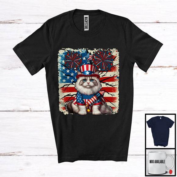 MacnyStore - Vintage American Flag Cat With Firecracker, Lovely 4th Of July Fireworks, Patriotic Group T-Shirt