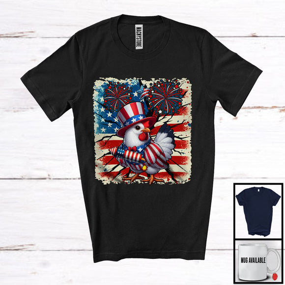 MacnyStore - Vintage American Flag Chicken With Firecracker, Lovely 4th Of July Fireworks, Patriotic Group T-Shirt
