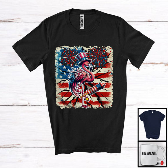 MacnyStore - Vintage American Flag Flamingo With Firecracker, Lovely 4th Of July Fireworks, Patriotic Group T-Shirt