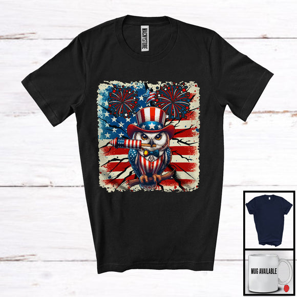 MacnyStore - Vintage American Flag Owl With Firecracker, Lovely 4th Of July Fireworks, Patriotic Group T-Shirt