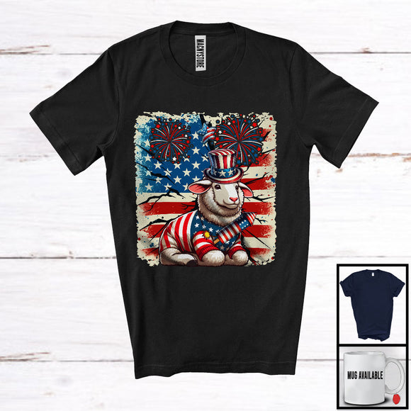 MacnyStore - Vintage American Flag Sheep With Firecracker, Lovely 4th Of July Fireworks, Patriotic Group T-Shirt