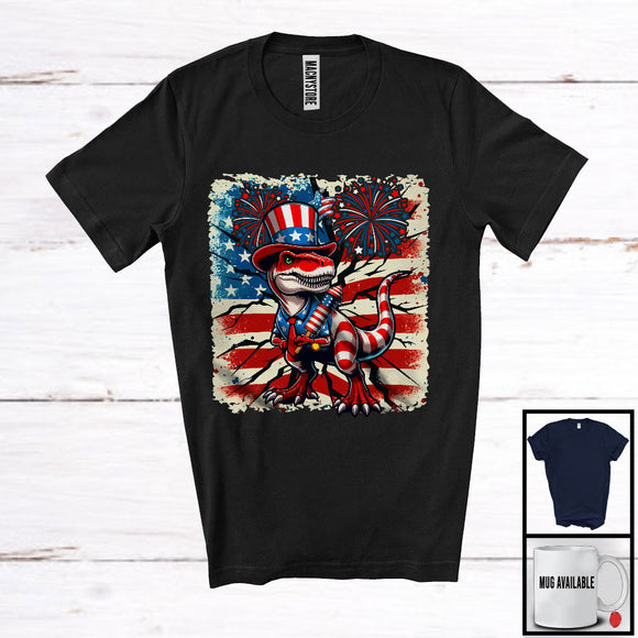 MacnyStore - Vintage American Flag T-Rex With Firecracker, Lovely 4th Of July Fireworks, Patriotic Group T-Shirt