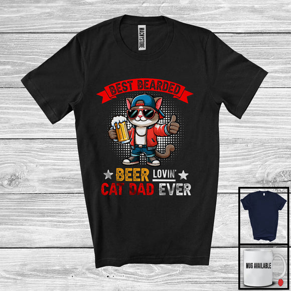 MacnyStore - Vintage Best Bearded Beer Lovin' Cat Dad Ever, Humorous Father's Day Drunker Drinking T-Shirt