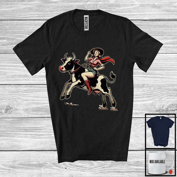 MacnyStore - Vintage Girl Women Riding Cow; Humorous Farm Cow Farmer; Family Group T-Shirt