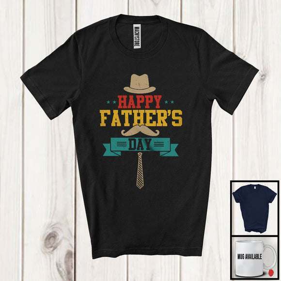 MacnyStore - Vintage Happy Father's Day, Humorous Mustache Hat Cravat Dad Lover, Matching Family Group T-Shirt