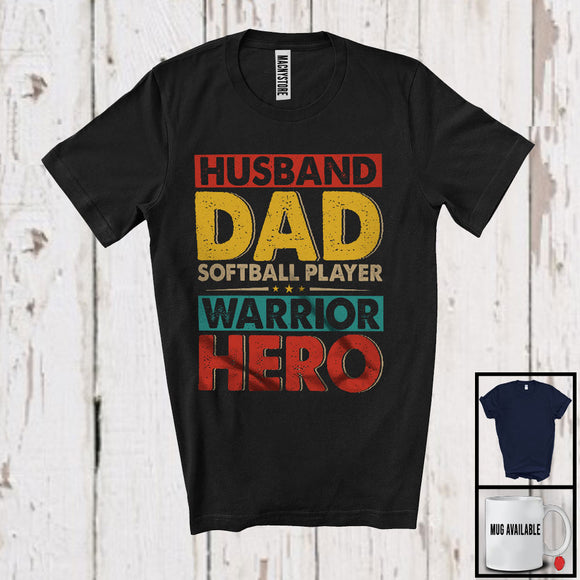 MacnyStore - Vintage Husband Dad Softball PlayerWarrior Hero, Proud Father's Day Sport Playing Team T-Shirt