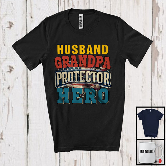 MacnyStore - Vintage Husband Grandpa Protector Hero, Humorous Father's Day Vintage American Flag, Family T-Shirt