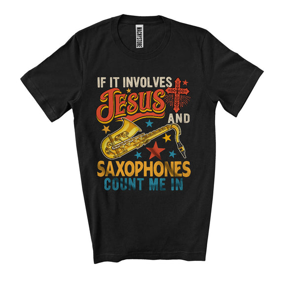 MacnyStore - Vintage Jesus And Saxophones Count Me In, Joyful Musical Instruments, Saxophone Player T-Shirt