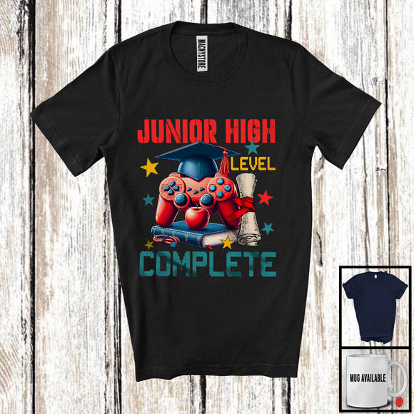 MacnyStore - Vintage Junior High Level Complete, Joyful Graduation Game Controller, Graduate Gaming Gamer T-Shirt
