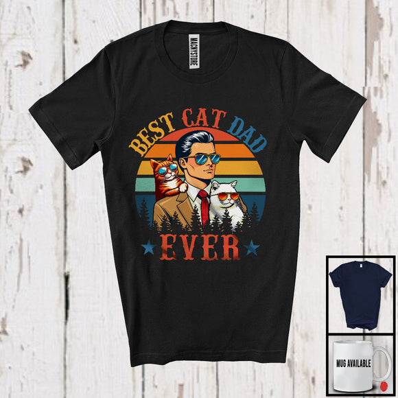 MacnyStore - Vintage Retro Best Cat Dad Ever, Humorous Father's Day Cat Sunglasses, Daddy Family T-Shirt