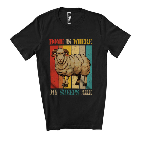 MacnyStore - Vintage Retro Home Definition Where My Sheeps Are, Lovely Farmer Farm Animal, Family T-Shirt