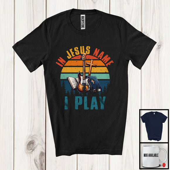 MacnyStore - Vintage Retro Jesus Name I Play, Amazing Guitar Musician Cross, Matching Guitarist Group T-Shirt