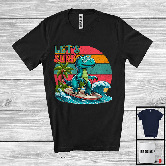MacnyStore - Vintage Retro Let's Surf, Adorable Summer Vacation T-Rex Dinosaur Surfing Surfer, Family Group T-Shirt