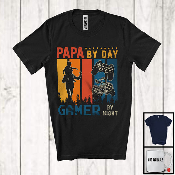MacnyStore - Vintage Retro Papa By Day Gamer By Night, Awesome Father's Day Gaming Lover, Gamer Family T-Shirt