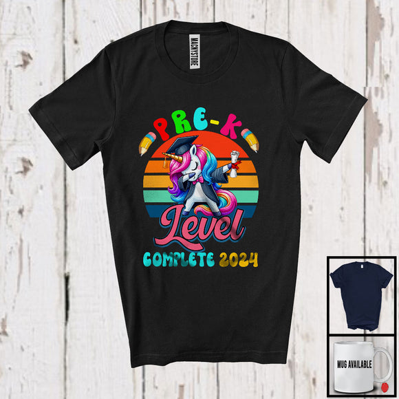 MacnyStore - Vintage Retro Pre-K Level Complete 2024, Lovely Graduation Dabbing Unicorn, Graduate Gamer T-Shirt