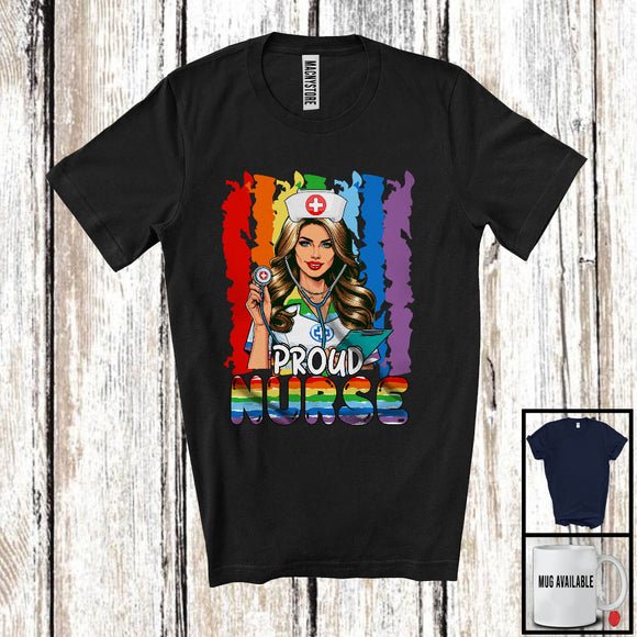 MacnyStore - Vintage Retro Proud Nurse, Awesome LGBTQ Pride Rainbow Gay Flag, Matching LGBT Group T-Shirt