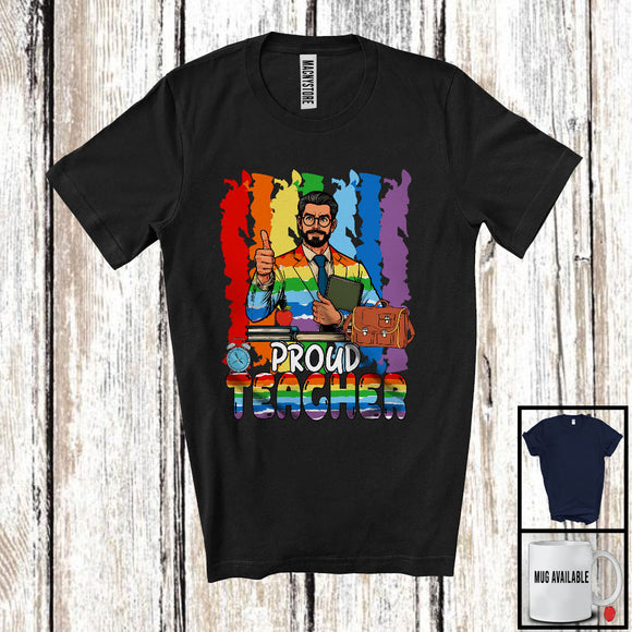 MacnyStore - Vintage Retro Proud Teacher, Awesome LGBTQ Pride Rainbow Gay Flag, Matching LGBT Group T-Shirt