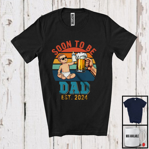 MacnyStore - Vintage Retro Soon To Be Dad Est 2024, Cheerful Father's Day Beer Milk, Drinking Family T-Shirt