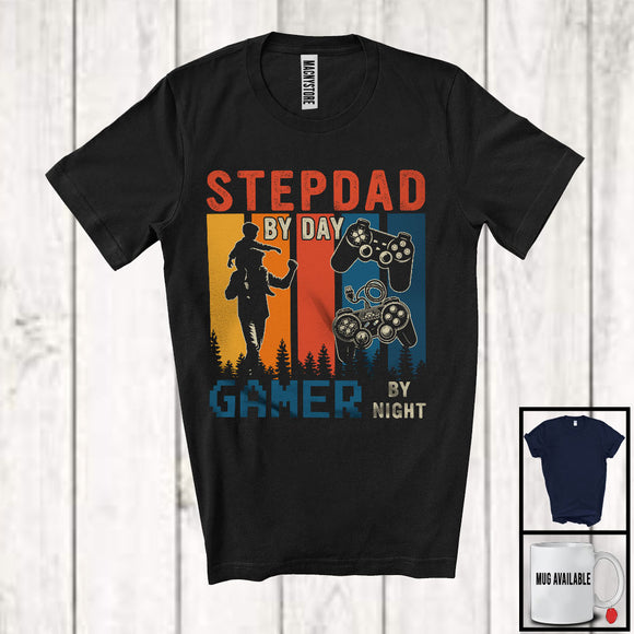 MacnyStore - Vintage Retro Stepdad By Day Gamer By Night, Awesome Father's Day Gaming, Gamer Family T-Shirt