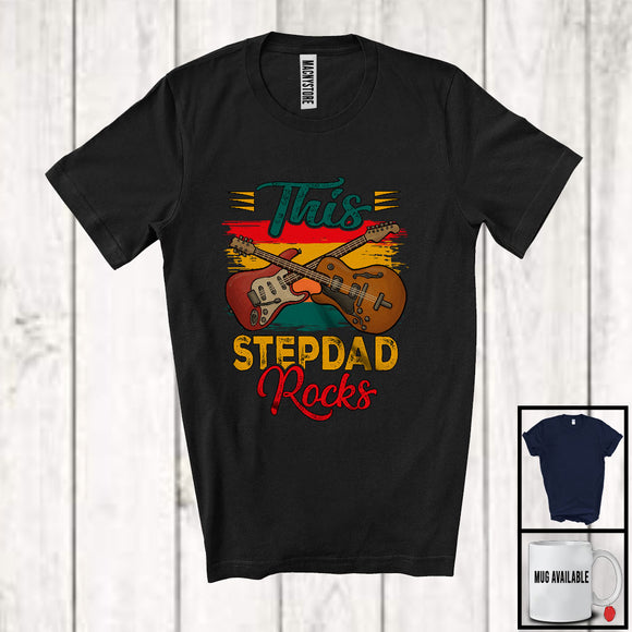 MacnyStore - Vintage Retro This Stepdad Rocks, Humorous Father's Day Bass Guitar Player, Musical Instruments T-Shirt