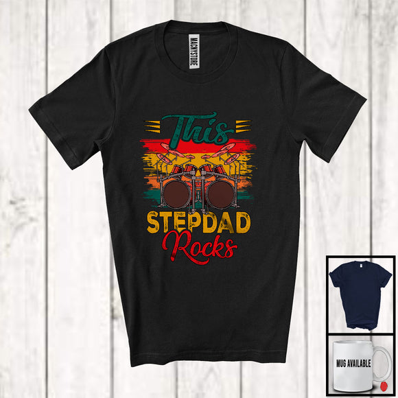 MacnyStore - Vintage Retro This Stepdad Rocks, Humorous Father's Day Drum Player, Musical Instruments T-Shirt