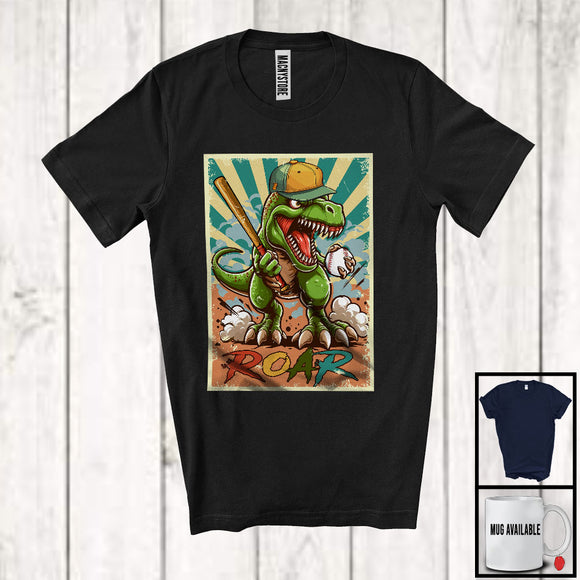 MacnyStore - Vintage Roar, Joyful T-Rex Playing Baseball Matching Player Playing Team, Dinosaur Lover T-Shirt