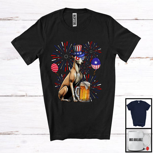 MacnyStore - Whippet Drinking Beer, Cheerful 4th Of July Drunker Fireworks, American Flag Patriotic Group T-Shirt