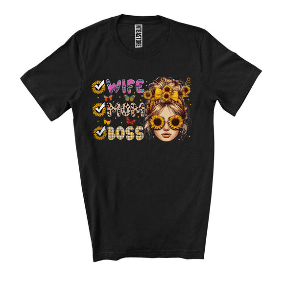 MacnyStore - Wife Mom Boss, Adorable Mother's Day Leopard Plaid Sunflowers Messy Bun Hair, Family T-Shirt