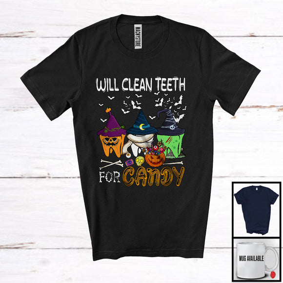 MacnyStore - Will Clean Teeth For Candy; Creepy Halloween Pumpkin Three Teeth; Dental Assistant Dentist T-Shirt