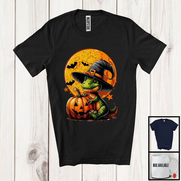 MacnyStore - Witch Dinosaur Holding Carved Pumpkin; Horror Halloween Moon T-Rex Lover; Family Group T-Shirt