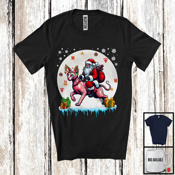 MacnyStore - X-mas Santa On Reindeer Sphynx, Lovely Christmas Santa Snow Around, Animal Lover T-Shirt