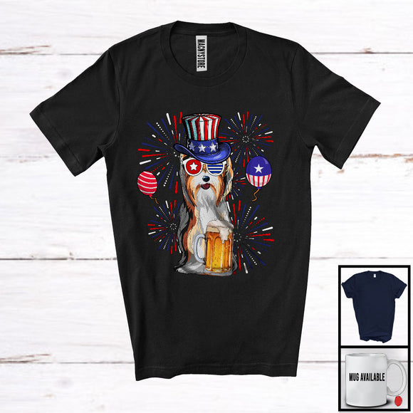 MacnyStore - Yorkshire Terrier Drinking Beer, Cheerful 4th Of July Drunker Fireworks, American Flag Patriotic T-Shirt