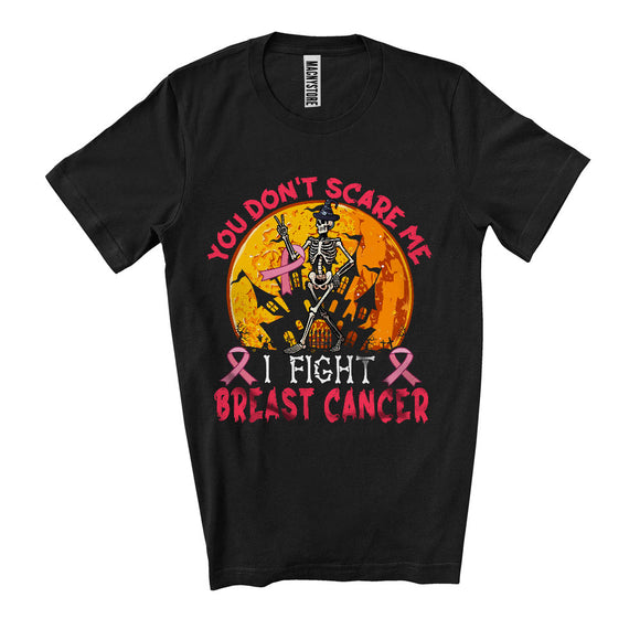 MacnyStore - You Don't Scare Me I Fight Breast Cancer, Humorous Halloween Pink Ribbon, Witch Skeleton T-Shirt