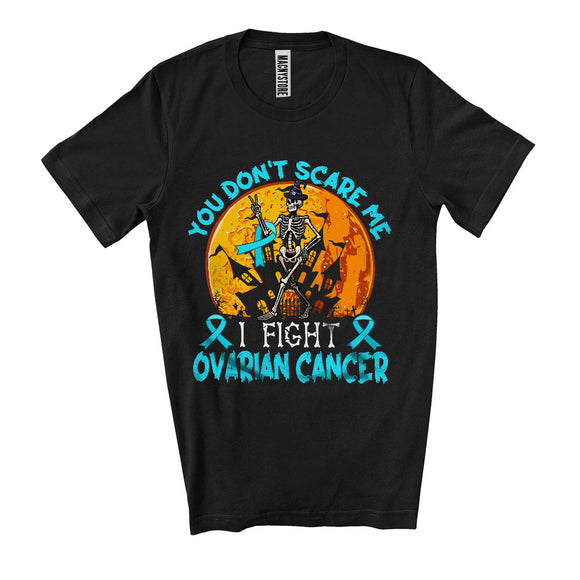 MacnyStore - You Don't Scare Me I Fight Ovarian Cancer, Humorous Halloween Cyan Ribbon, Witch Skeleton T-Shirt
