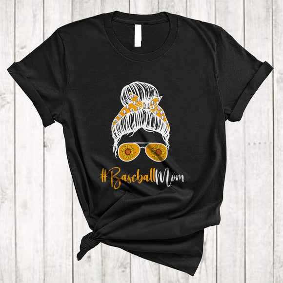 MacnyStore - Baseball Mom, Awesome Mother's Day Messy Bun Hair, Baseball Player Lover Family Group T-Shirt