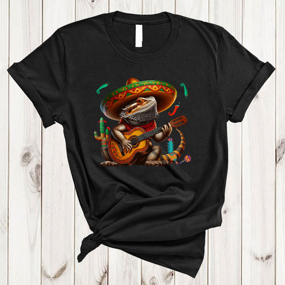 MacnyStore - Bearded Dragon Playing Guitar, Joyful Cinco De Mayo Bearded Dragon Sombrero, Mexican Pride T-Shirt