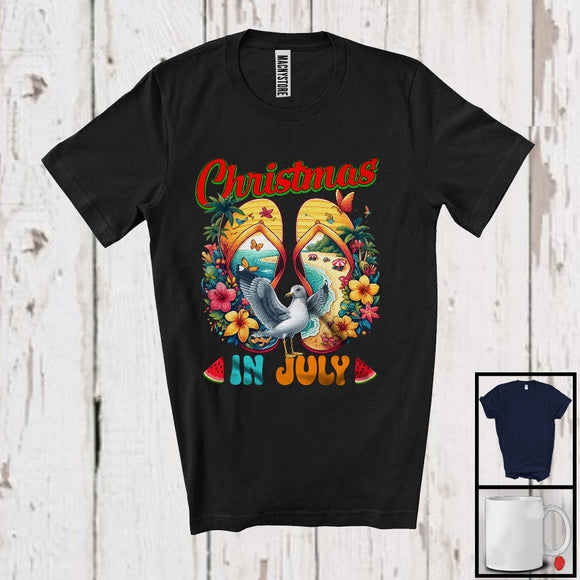 MacnyStore - Christmas In July, Joyful Summer Vacation Flip Flops Sea Gull, Flowers Friends Family Group T-Shirt