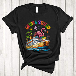 MacnyStore - Cruise Squad, Colorful Summer Vacation Flamingo Drinking On Cruise Ship, Family Group T-Shirt