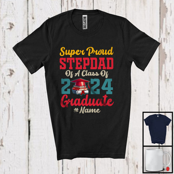 MacnyStore - Custom Personalized Name Vintage Super Proud Stepdad Class Of 2024 Graduate, Father's Day Graduation T-Shirt