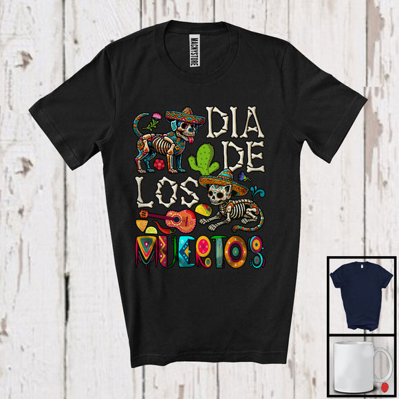 MacnyStore - Dia De Los Muertos, Adorable Day Of The Dead Skeleton Cat Dog, Cactus Mexican Family T-Shirt