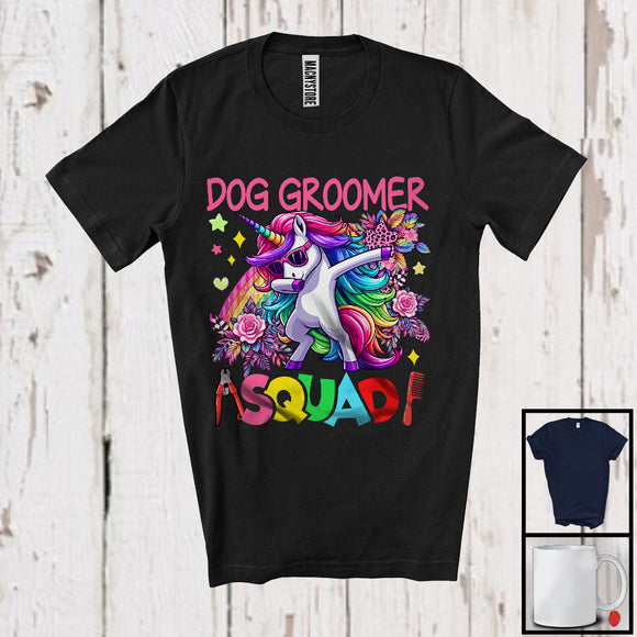 MacnyStore - Dog Groomer Squad, Lovely Dabbing Unicorn Sunglasses Leopard Flowers, Dog Groomer Group T-Shirt