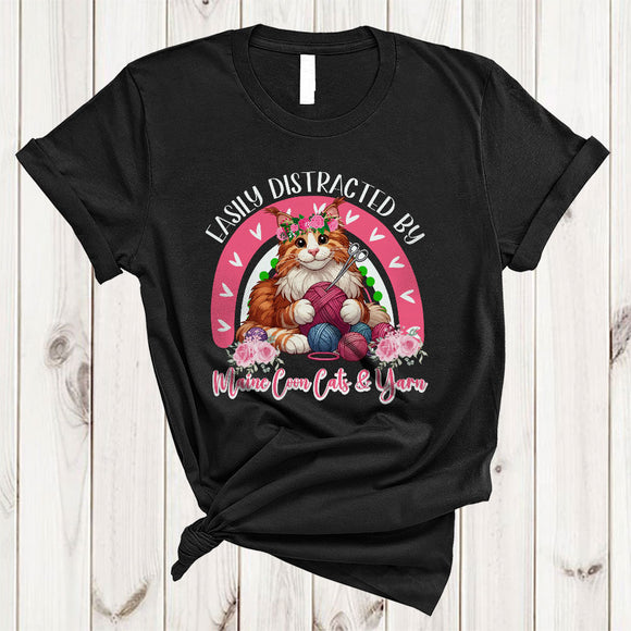 MacnyStore - Easily Distracted By Maine Coon Cats And Yarn, Adorable Knitting Kitten Owner, Flowers Rainbow T-Shirt