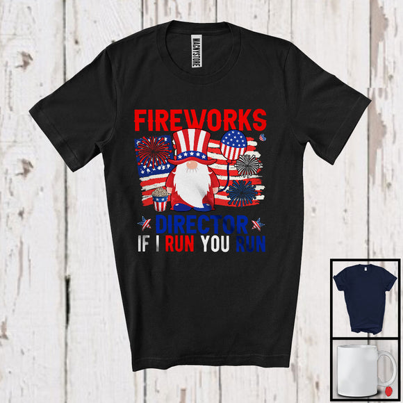 MacnyStore - Fireworks Director If I Run You Run, Lovely 4th Of July Gnome USA Flag, Patriotic Family T-Shirt