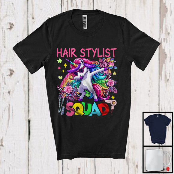 MacnyStore - Hair Stylist Squad, Lovely Dabbing Unicorn Sunglasses Leopard Flowers, Hair Stylist Group T-Shirt
