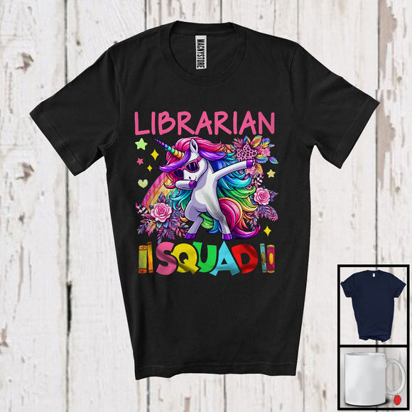 MacnyStore - Librarian Squad, Lovely Dabbing Unicorn Sunglasses Leopard Flowers, Librarian Group T-Shirt