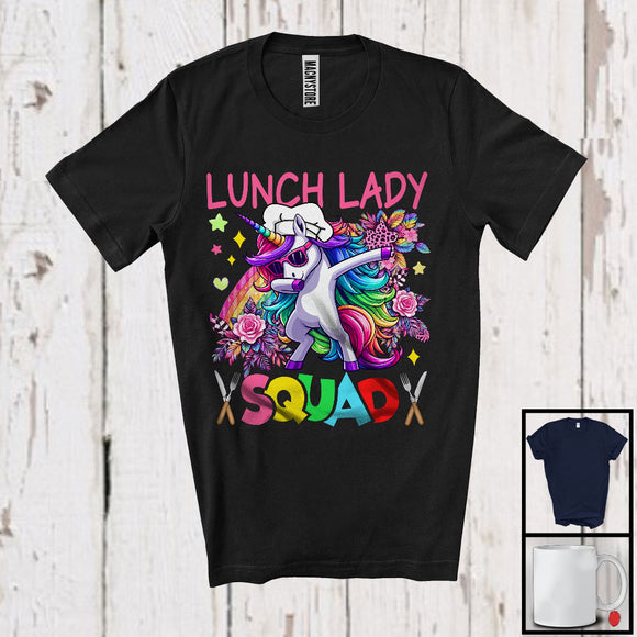 MacnyStore - Lunch Lady Squad, Lovely Dabbing Unicorn Sunglasses Leopard Flowers, Lunch Lady Group T-Shirt