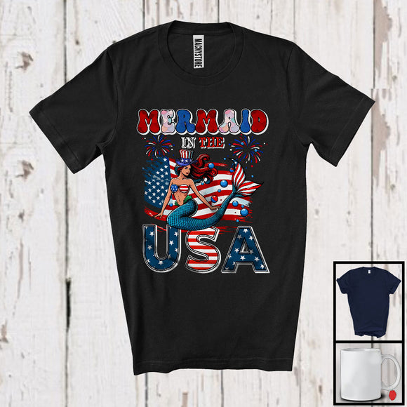 MacnyStore - Mermaid In The USA, Adorable 4th Of July Independence Day American Flag Mermaid, Patriotic Family T-Shirt